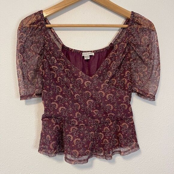 American Eagle Plum Mesh Boho Cropped Puff Sleeve Blouse Size XS - Picture 1 of 9